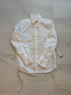 Helmut Lang White Pleated-Front Poplin Button-Down Shirt